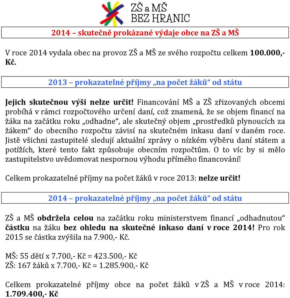 Financování MŠ a ZŠ zřizovaných obcemi probíhá v rámci rozpočtového určení daní, což znamená, že se objem financí na žáka na začátku roku odhadne, ale skutečný objem prostředků plynoucích za žákem do