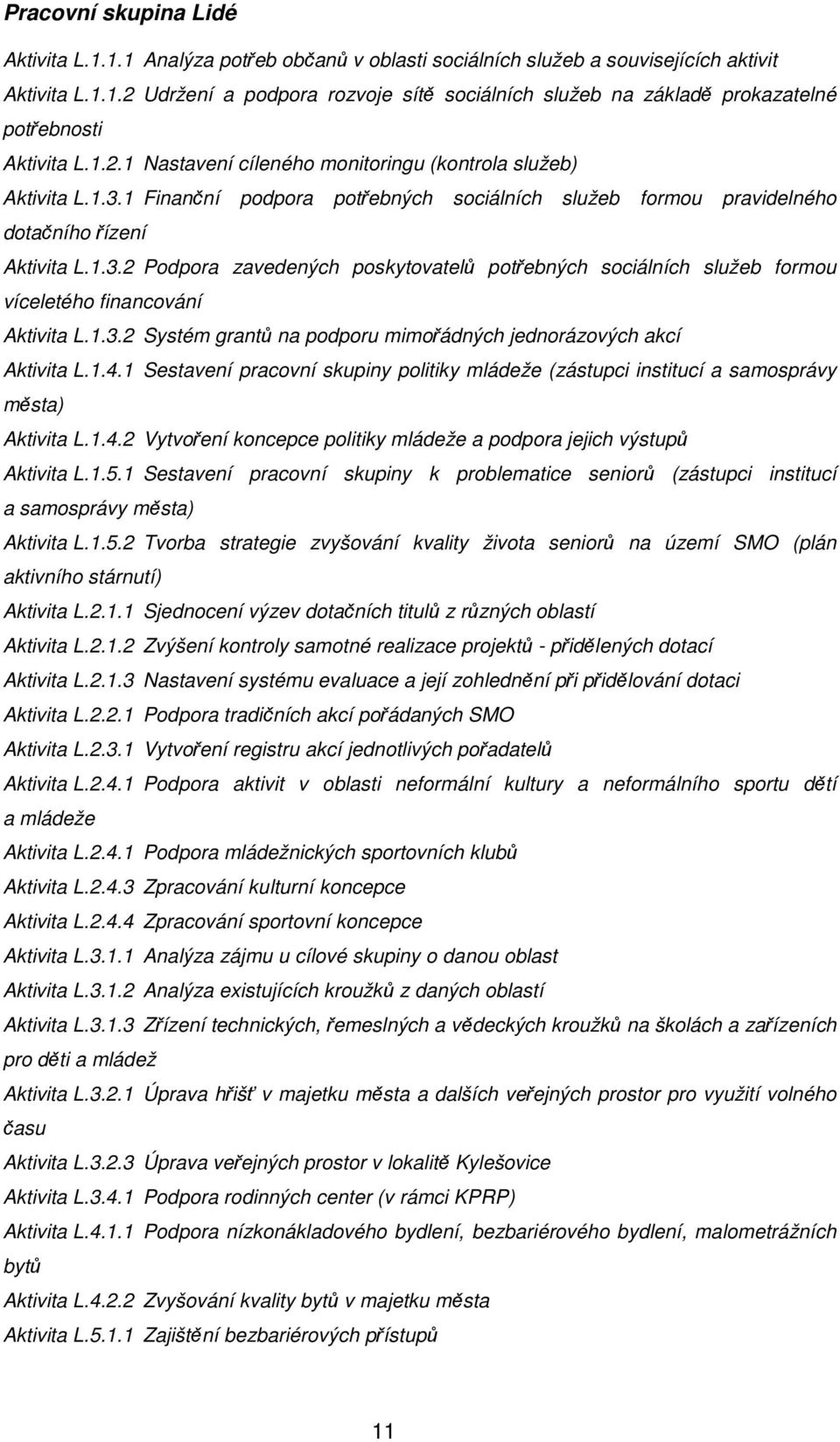 1.3.2 Systém grantů na podporu mimořádných jednorázových akcí Aktivita L.1.4.1 Sestavení pracovní skupiny politiky mládeže (zástupci institucí a samosprávy města) Aktivita L.1.4.2 Vytvoření koncepce politiky mládeže a podpora jejich výstupů Aktivita L.