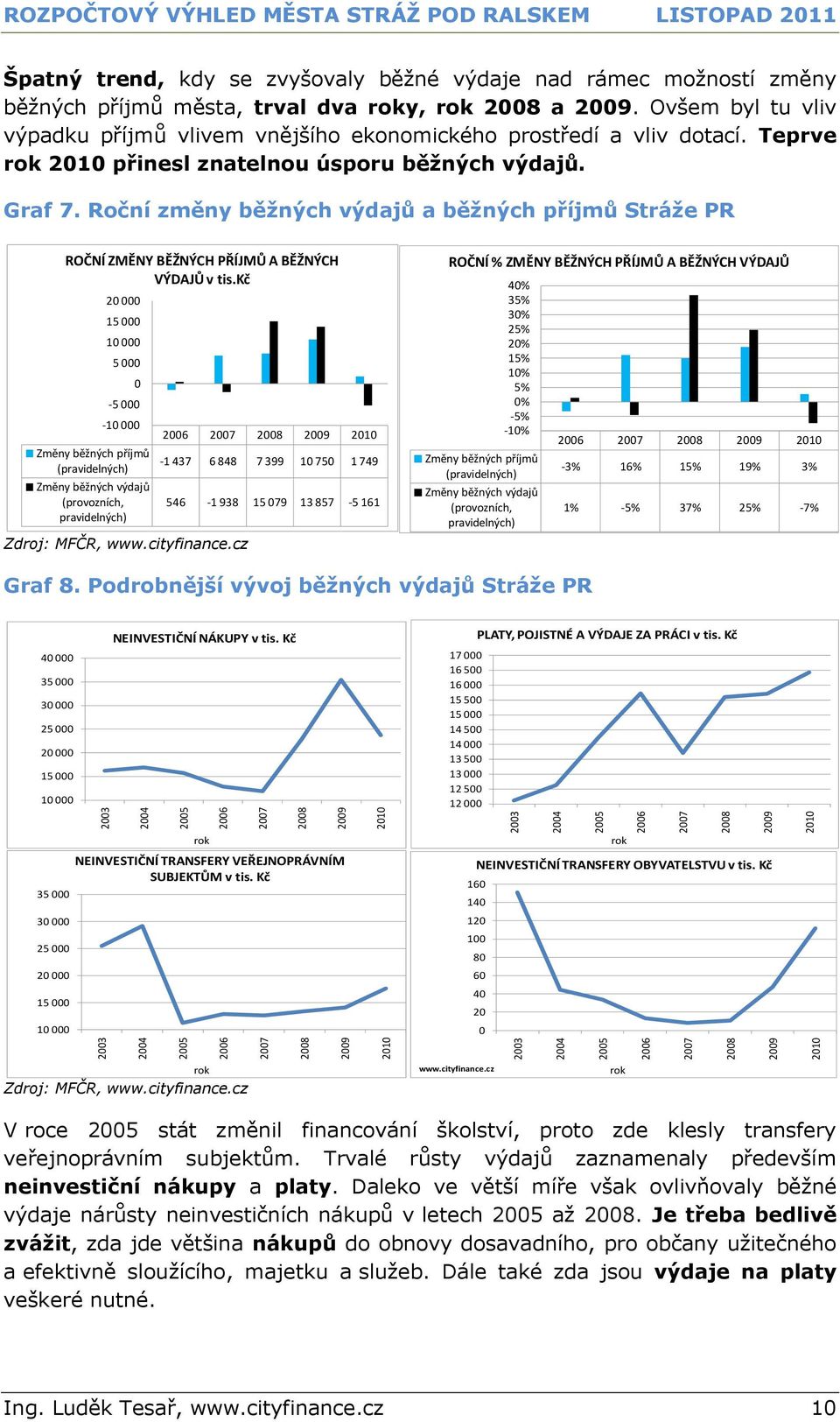 Ovšem byl tu vliv výpadku příjmů vlivem vnějšího ekonomického prostředí a vliv dotací. Teprve rok přinesl znatelnou úsporu běţných výdajů. Graf 7.