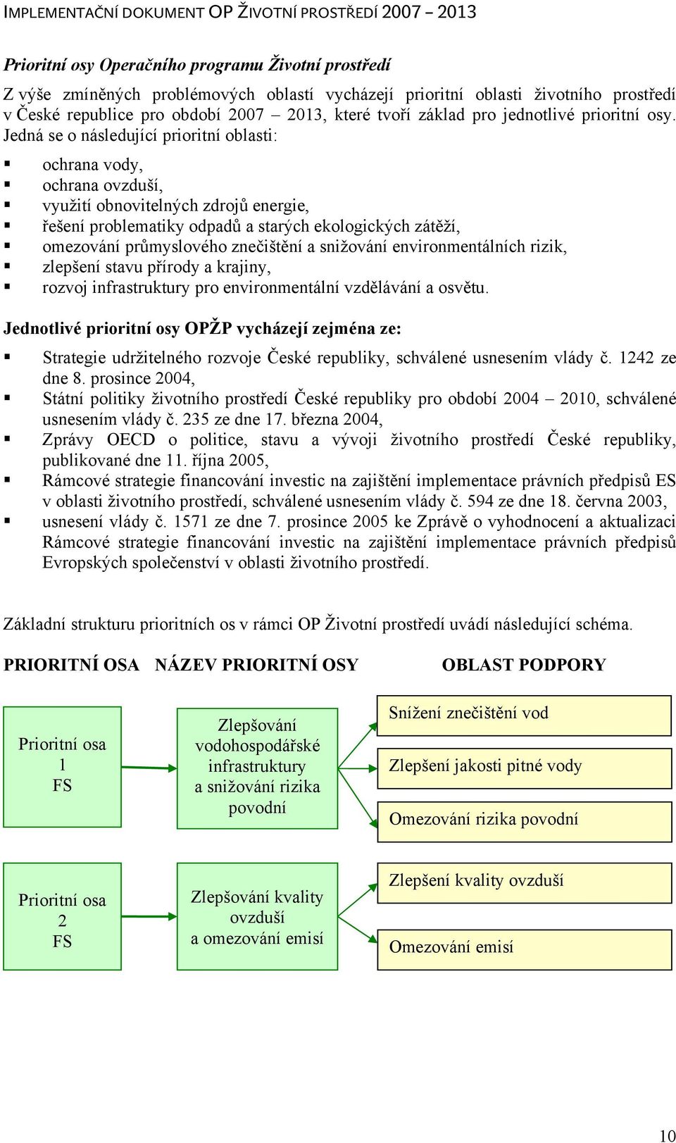 Jedná se o následující prioritní oblasti: ochrana vody, ochrana ovzduší, využití obnovitelných zdrojů energie, řešení problematiky odpadů a starých ekologických zátěží, omezování průmyslového