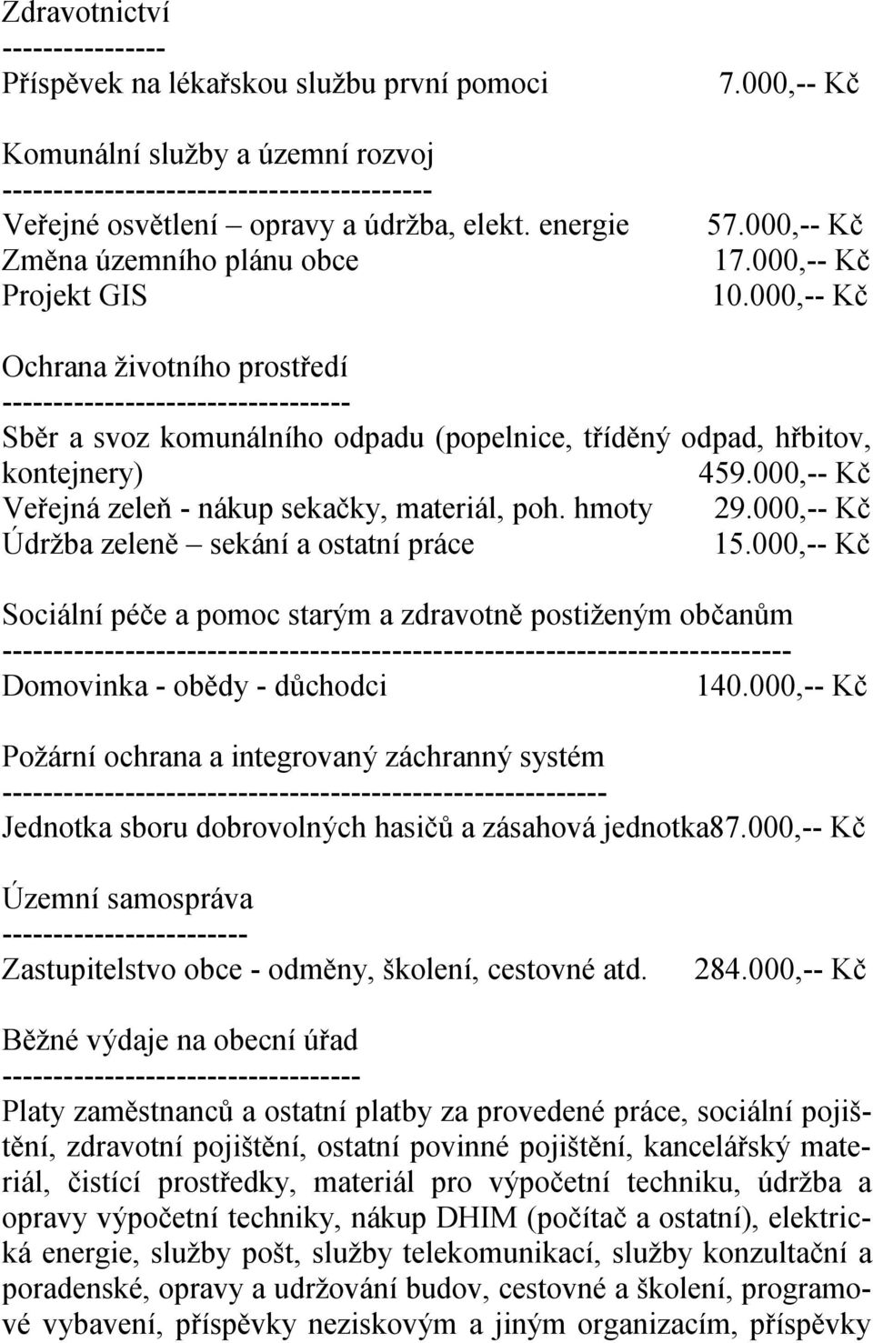 000,-- Kč Ochrana životního prostředí ---------------------------------- Sběr a svoz komunálního odpadu (popelnice, tříděný odpad, hřbitov, kontejnery) 459.