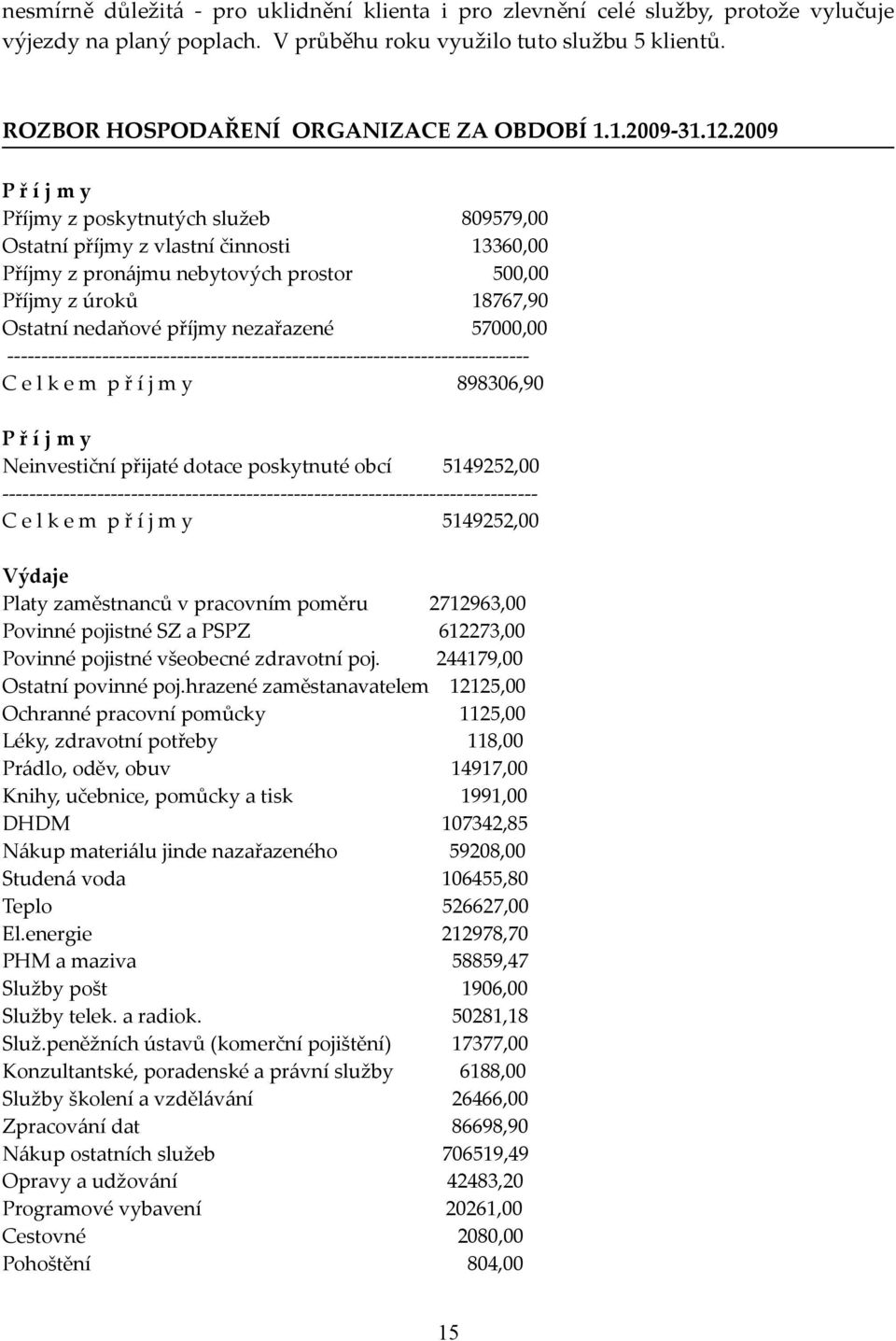 2009 P ř í j m y Příjmy z poskytnutých služeb 809579,00 Ostatní příjmy z vlastní činnosti 13360,00 Příjmy z pronájmu nebytových prostor 500,00 Příjmy z úroků 18767,90 Ostatní nedaňové příjmy