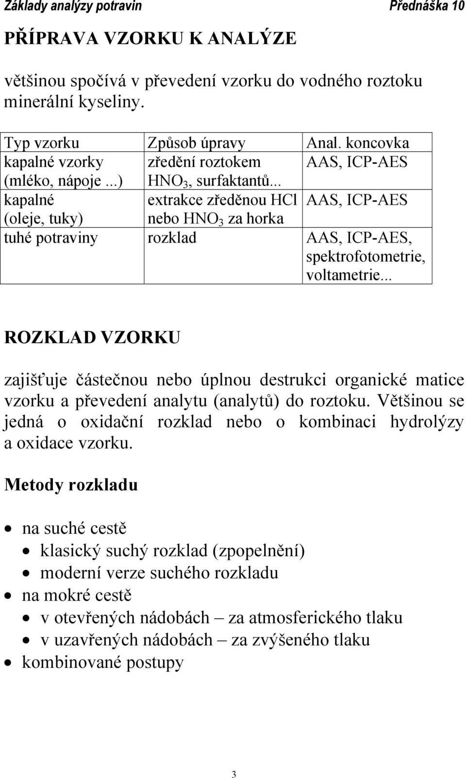 .. kapalné extrakce zředěnou HCl AAS, ICP-AES (oleje, tuky) nebo HNO 3 za horka tuhé potraviny rozklad AAS, ICP-AES, spektrofotometrie, voltametrie.