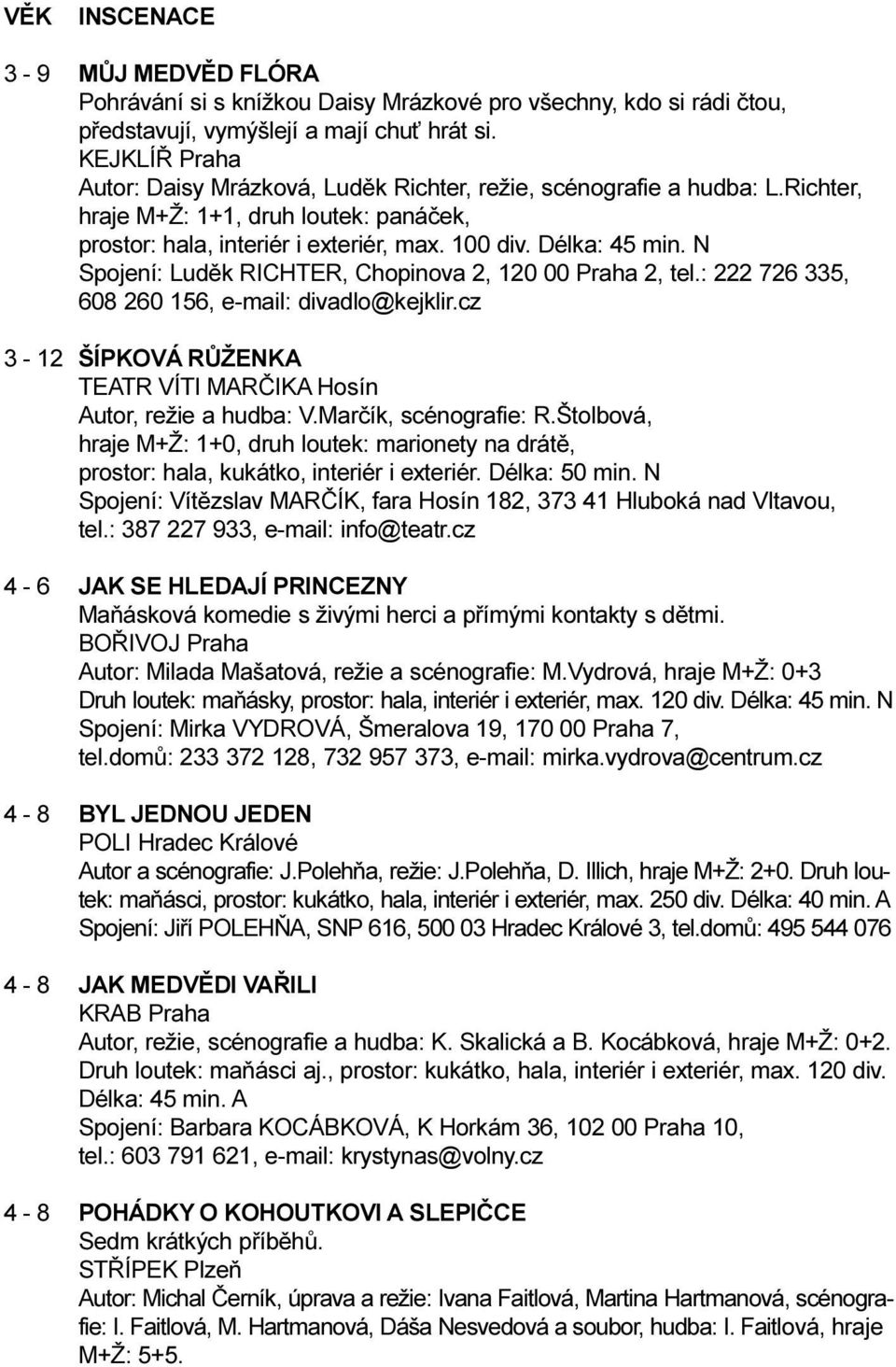 N Spojení: Ludìk RICHTER, Chopinova 2, 120 00 Praha 2, tel.: 222 726 335, 608 260 156, e-mail: divadlo@kejklir.cz 3-12 ŠÍPKOVÁ RÙŽENKA TEATR VÍTI MARÈIKA Hosín Autor, režie a hudba: V.