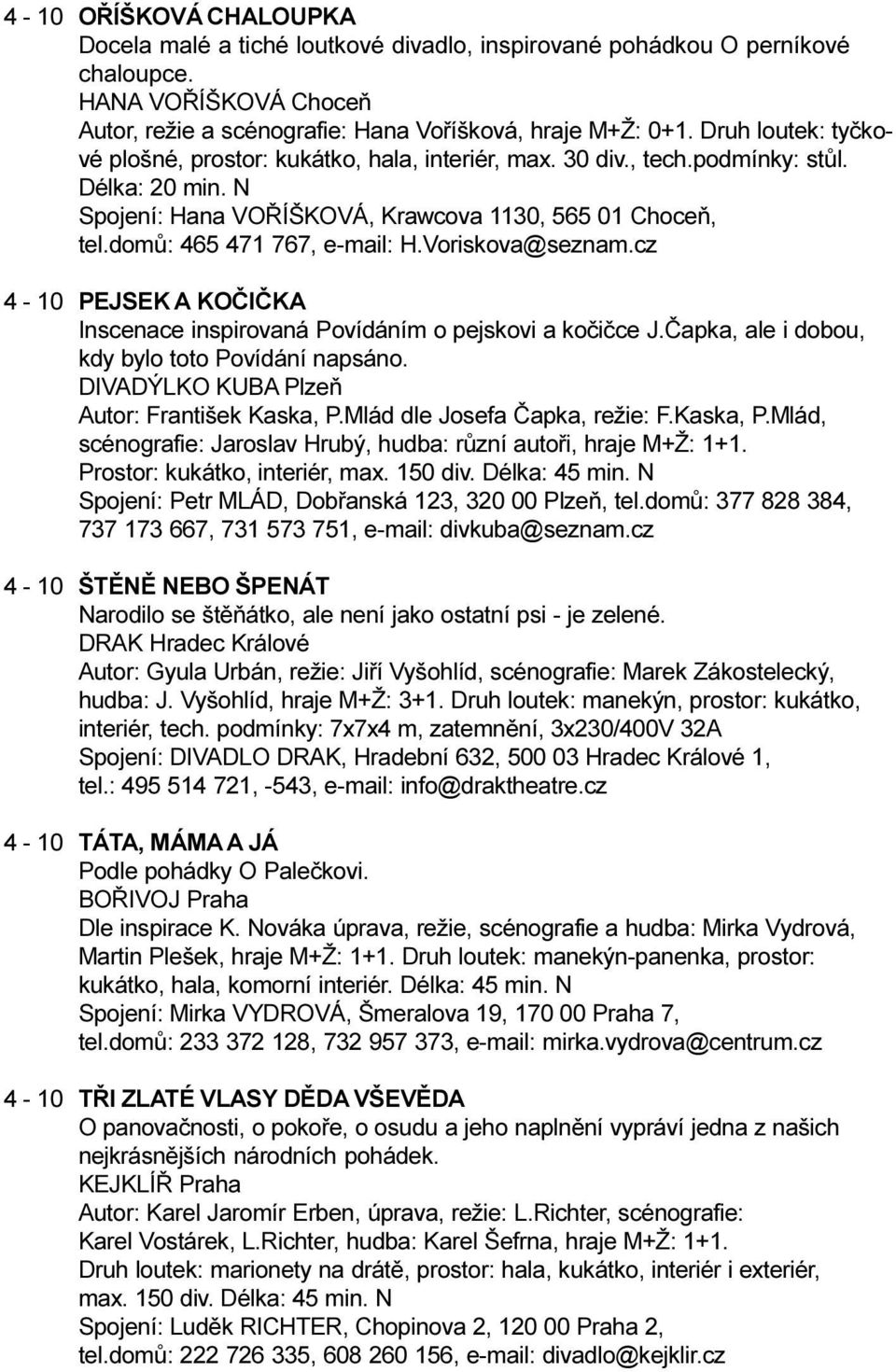 domù: 465 471 767, e-mail: H.Voriskova@seznam.cz 4-10 PEJSEK A KOÈIÈKA Inscenace inspirovaná Povídáním o pejskovi a koèièce J.Èapka, ale i dobou, kdy bylo toto Povídání napsáno.