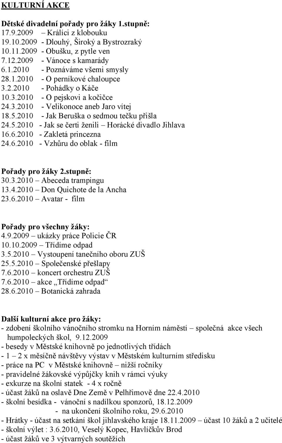 6.200 Zakletá princezna 24.6.200 Vzhůru do oblak film Pořady pro žáky 2.stupně: 30.3.200 Abeceda trampingu 3.4.200 Don Quichote de la Ancha 23.6.200 Avatar film Pořady pro všechny žáky: 4.9.