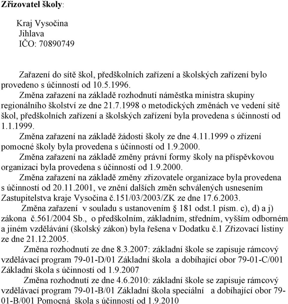 998 o metodických změnách ve vedení sítě škol, předškolních zařízení a školských zařízení byla provedena s účinností od..999. Změna zařazení na základě žádosti školy ze dne 4.