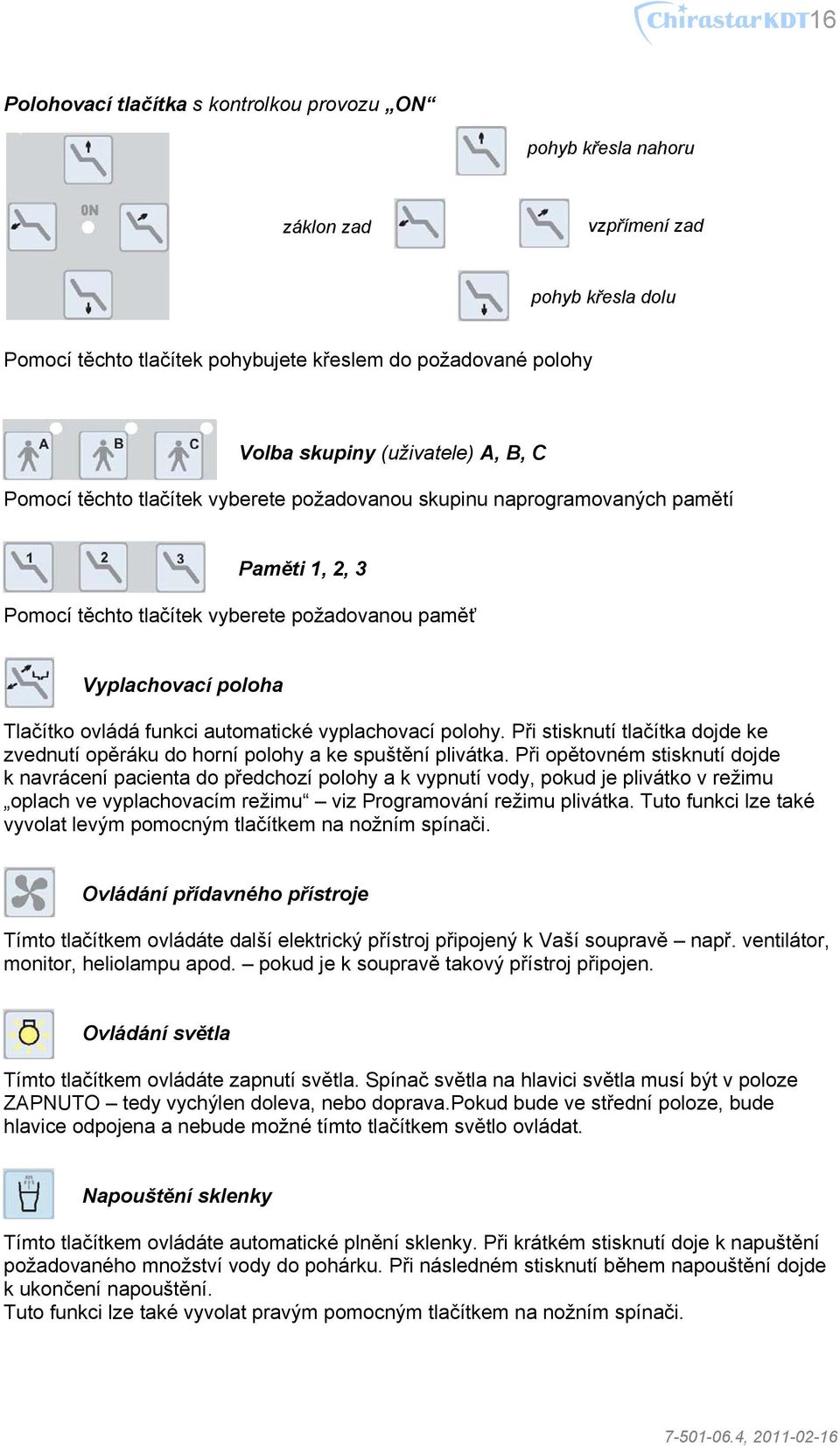 automatické vyplachovací polohy. Při stisknutí tlačítka dojde ke zvednutí opěráku do horní polohy a ke spuštění plivátka.