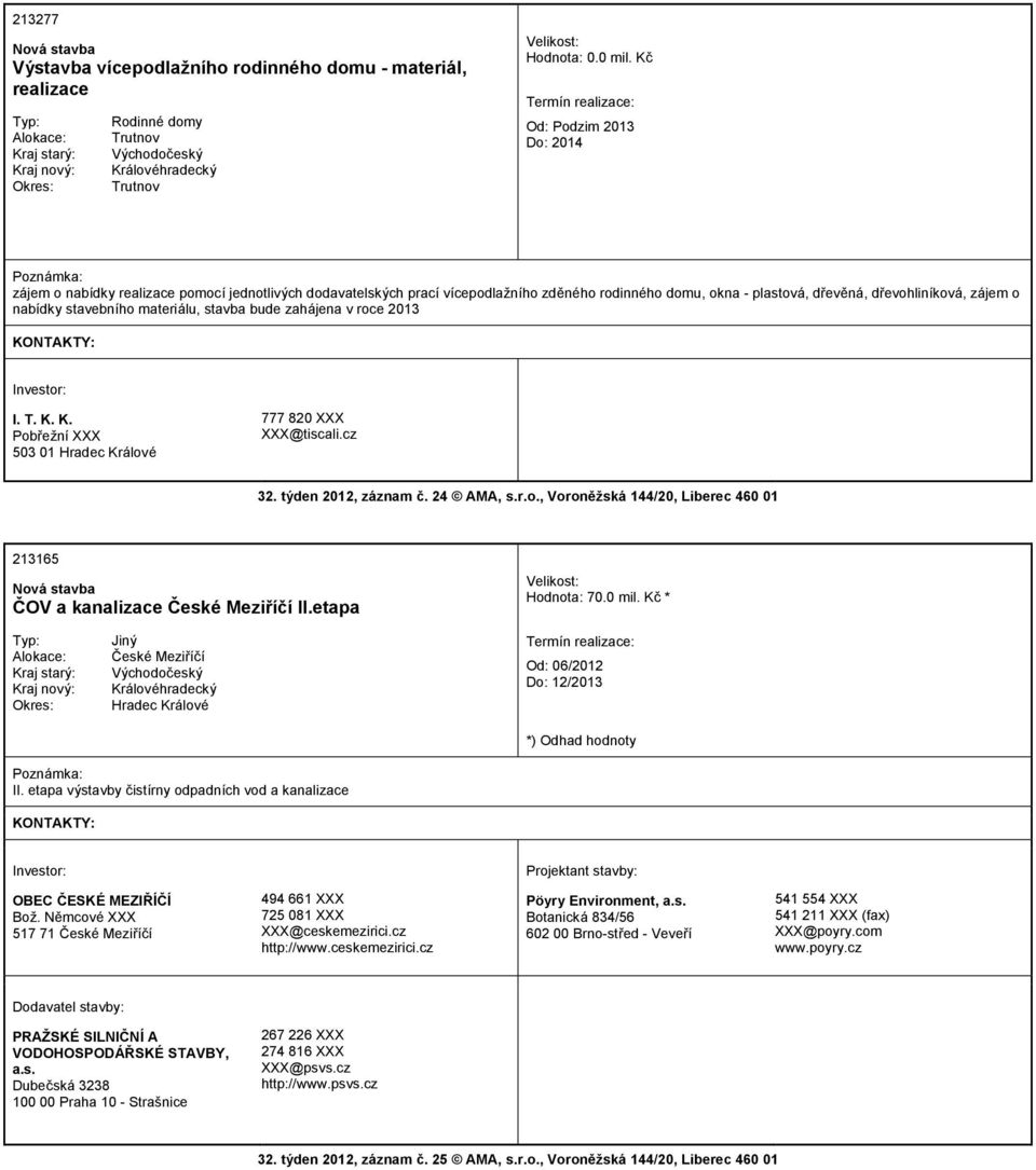 stavebního materiálu, stavba bude zahájena v roce 2013 I. T. K. K. Pobřežní XXX 503 01 777 820 XXX XXX@tiscali.cz 32. týden 2012, záznam č. 24 AMA, s.r.o., Voroněžská 144/20, Liberec 460 01 213165 ČOV a kanalizace České Meziříčí II.