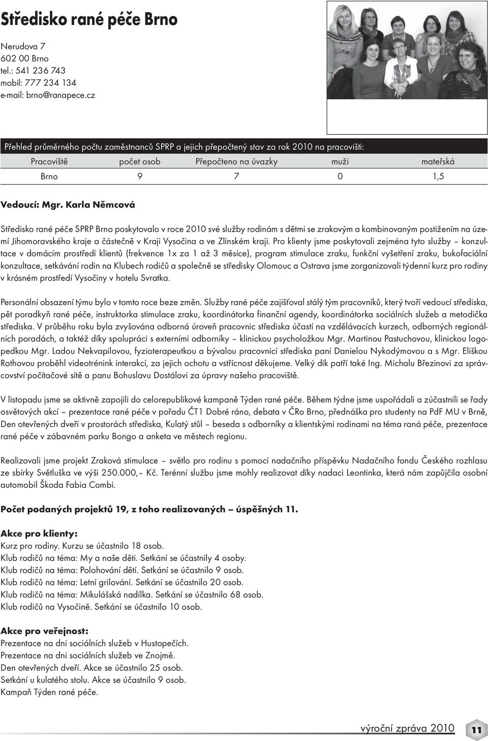 Karla Němcová Středisko rané péče SPRP Brno poskytovalo v roce 2010 své služby rodinám s dětmi se zrakovým a kombinovaným postižením na území Jihomoravského kraje a částečně v Kraji Vysočina a ve