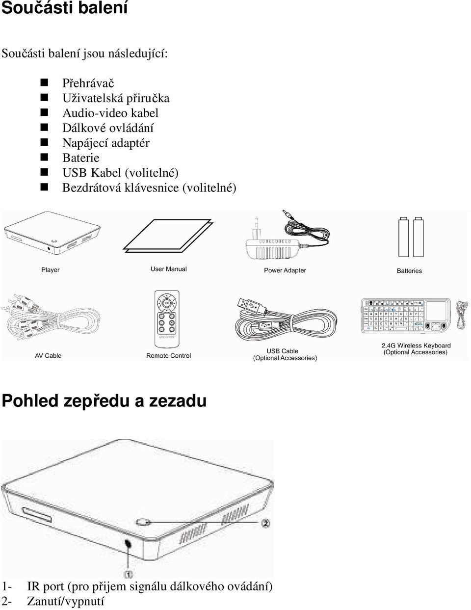 USB Kabel (volitelné) Bezdrátová klávesnice (volitelné) Pohled zepředu