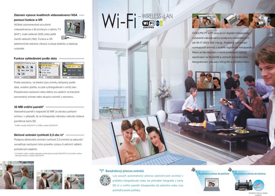 Funkce vyhledávání podle data MEGAPIXEL COOLPIX P1 a P2 jsou první digitální fotoaparáty vybavené zabudovanou podporou bezdrátových sítí Wi-Fi (IEEE 802.11b/g).