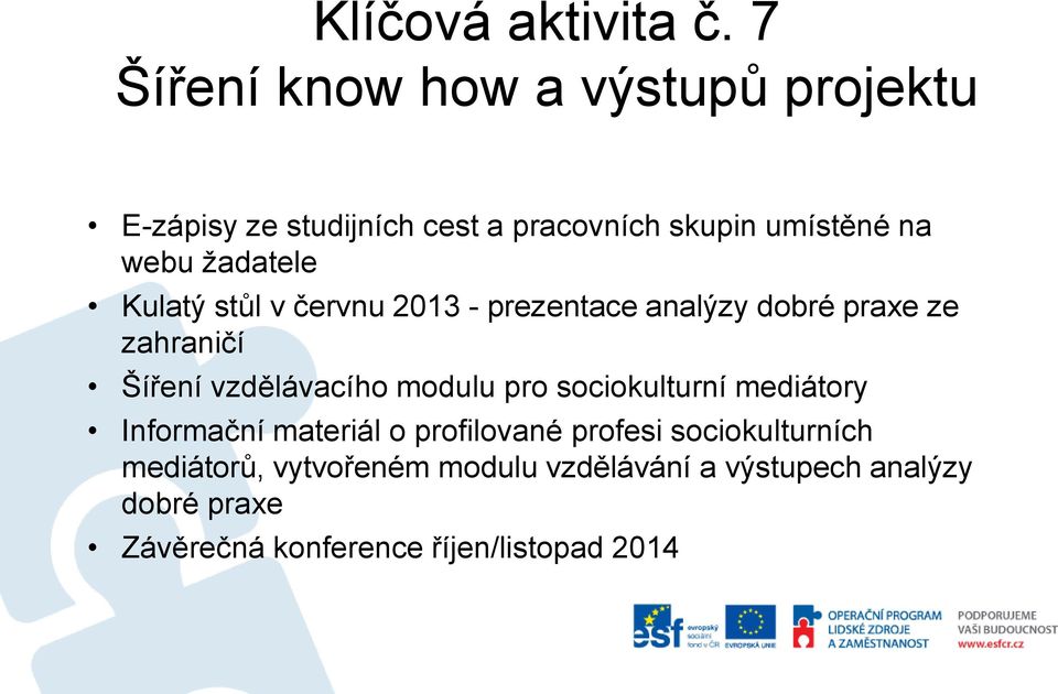 žadatele Kulatý stůl v červnu 2013 - prezentace analýzy dobré praxe ze zahraničí Šíření vzdělávacího