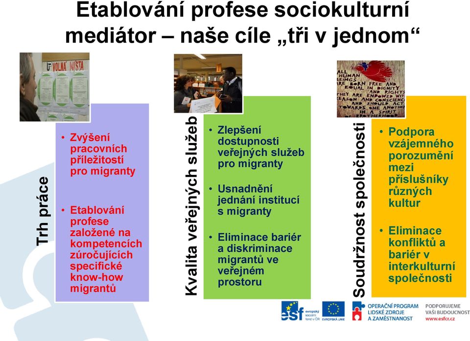 Zlepšení dostupnosti veřejných služeb pro migranty Usnadnění jednání institucí s migranty Eliminace bariér a diskriminace migrantů