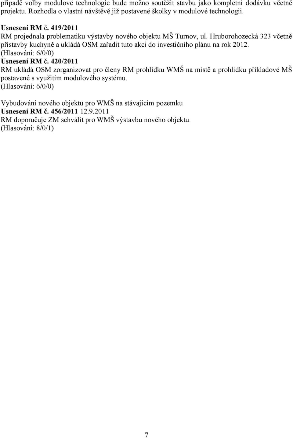 Hruborohozecká 323 včetně přístavby kuchyně a ukládá OSM zařadit tuto akci do investičního plánu na rok 2012. (Hlasování: 6/0/0) Usnesení RM č.