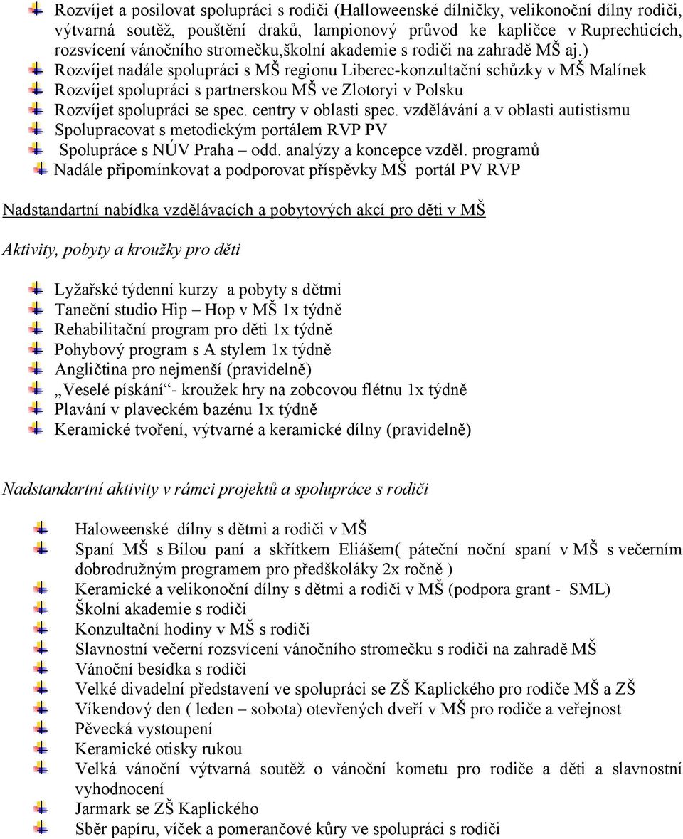 ) Rozvíjet nadále spolupráci s MŠ regionu Liberec-konzultační schůzky v MŠ Malínek Rozvíjet spolupráci s partnerskou MŠ ve Zlotoryi v Polsku Rozvíjet spolupráci se spec. centry v oblasti spec.