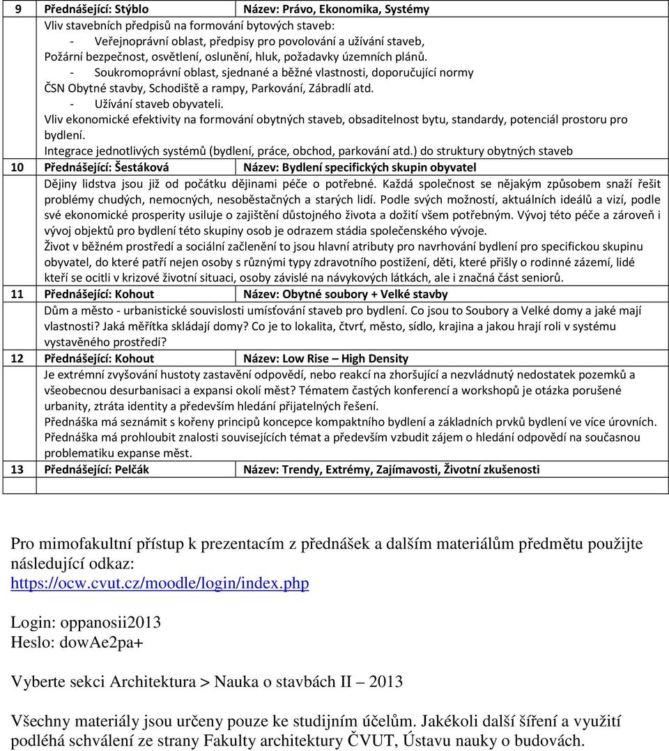 - Užívání staveb obyvateli. Vliv ekonomické efektivity na formování obytných staveb, obsaditelnost bytu, standardy, potenciál prostoru pro bydlení.