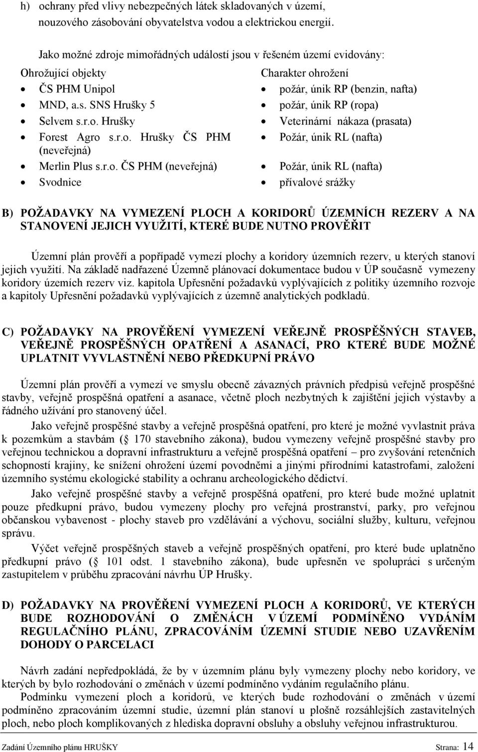 r.o. Hrušky Veterinární nákaza (prasata) Forest Agro s.r.o. Hrušky ČS PHM Poţár, únik RL (nafta) (neveřejná) Merlin Plus s.r.o. ČS PHM (neveřejná) Poţár, únik RL (nafta) Svodnice přívalové sráţky B)