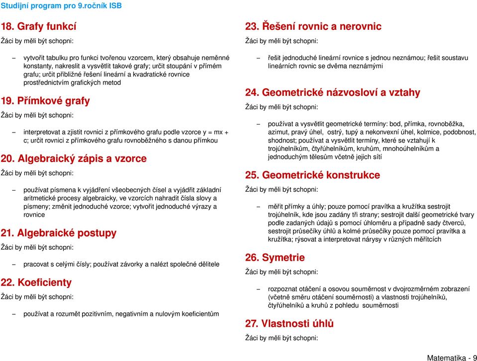 Přímkové grafy interpretovat a zjistit rovnici z přímkového grafu podle vzorce y = mx + c; určit rovnici z přímkového grafu rovnoběžného s danou přímkou 20.