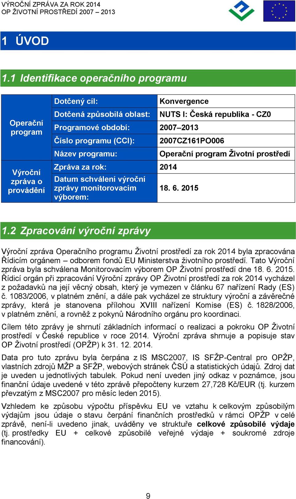 Datum schválení výoční zpávy monitoovacím výboem: NUTS I: Česká epublika - CZ0 2007CZ161PO006 Opeační pogam Životní postředí 18. 6. 2015 1.