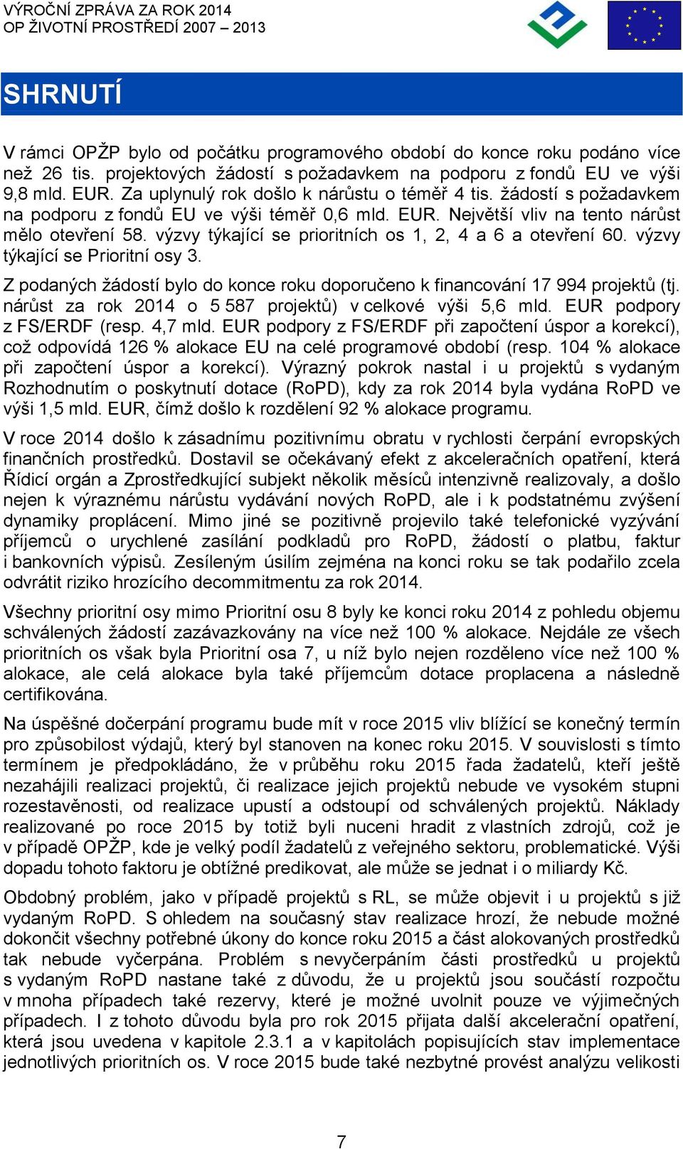 výzvy týkající se pioitních os 1, 2, 4 a 6 a otevření 60. výzvy týkající se Pioitní osy 3. Z podaných žádostí bylo do konce oku dopoučeno k financování 17 994 pojektů (tj.