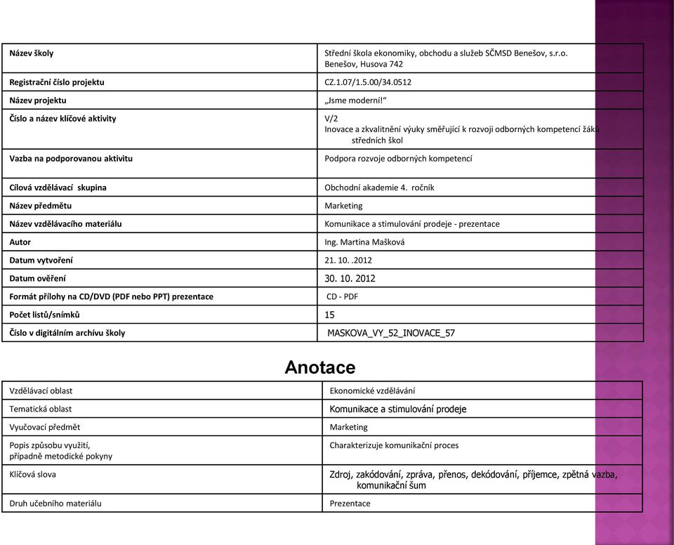 vzdělávací skupina Název předmětu Název vzdělávacího materiálu Autor Obchodní akademie 4. ročník Marketing Komunikace a stimulování prodeje - prezentace Ing. Martina Mašková Datum vytvoření 21. 10.