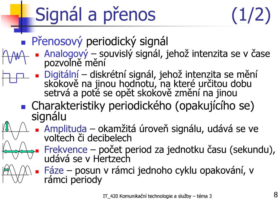 periodického (opakujícího se) signálu Amplituda okamžitá úroveň signálu, udává se ve voltech či decibelech Frekvence počet period za