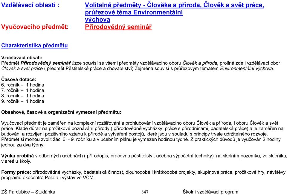 zejména souvisí s průřezovým tématem Environmentální výchova. Časová dotace: 6. ročník 1 hodina 7. ročník 1 hodina 8. ročník 1 hodina 9.