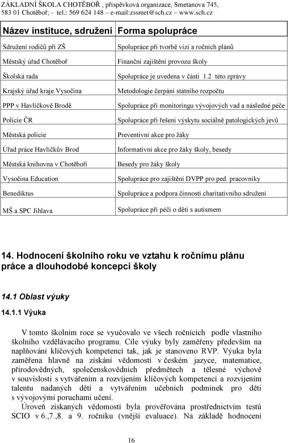 2 této zprávy Metodologie čerpání státního rozpočtu Spolupráce při monitoringu vývojových vad a následné péče Spolupráce při řešení výskytu sociálně patologických jevů Preventivní akce pro žáky