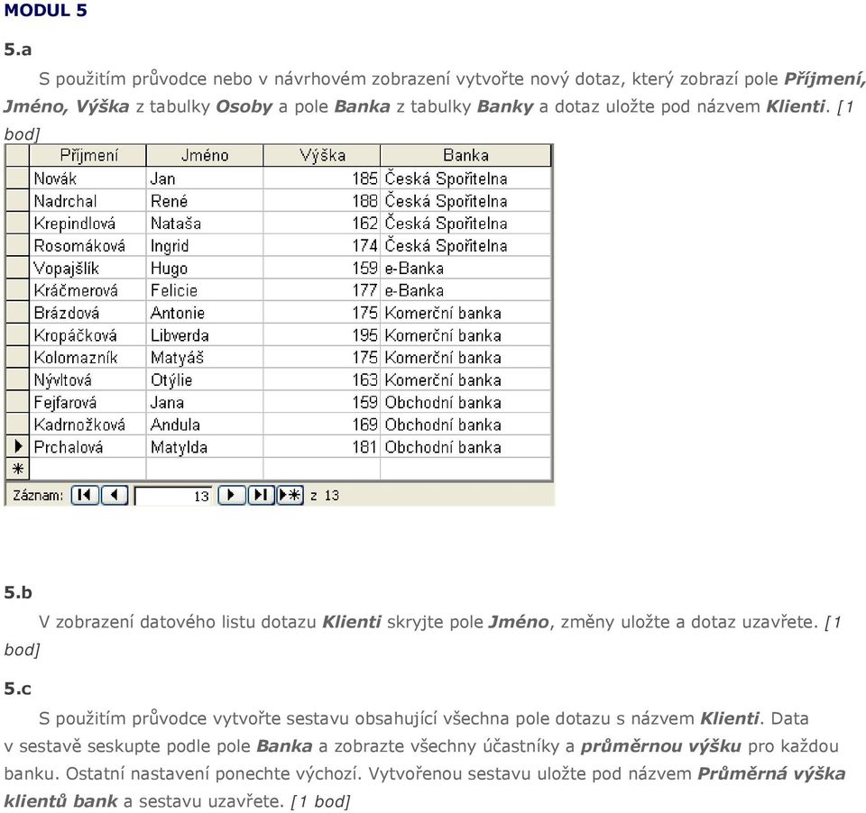 dotaz uložte pod názvem Klienti. [1 bod] 5.b V zobrazení datového listu dotazu Klienti skryjte pole Jméno, změny uložte a dotaz uzavřete. [1 bod] 5.c S použitím průvodce vytvořte sestavu obsahující všechna pole dotazu s názvem Klienti.