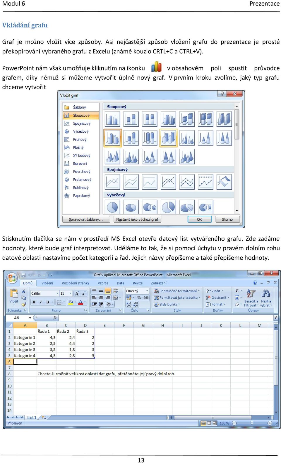 PowerPoint nám však umožňuje kliknutím na ikonku v obsahovém poli spustit průvodce grafem, díky němuž si můžeme vytvořit úplně nový graf.