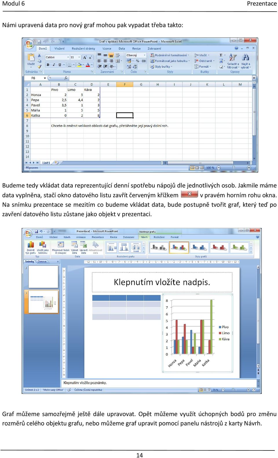 Na snímku prezentace se mezitím co budeme vkládat data, bude postupně tvořit graf, který teď po zavření datového listu zůstane jako objekt v
