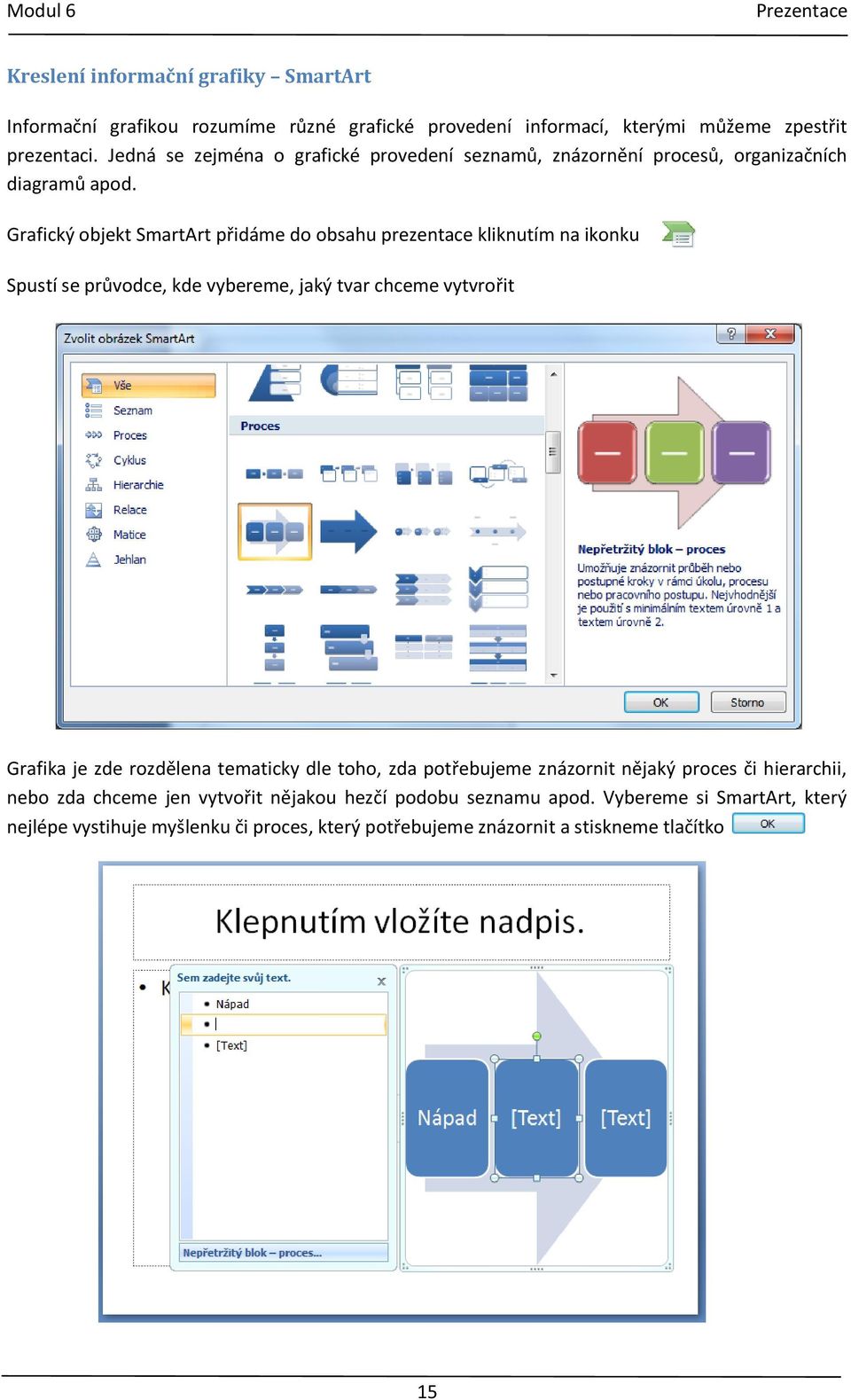 Grafický objekt SmartArt přidáme do obsahu prezentace kliknutím na ikonku Spustí se průvodce, kde vybereme, jaký tvar chceme vytvrořit Grafika je zde rozdělena