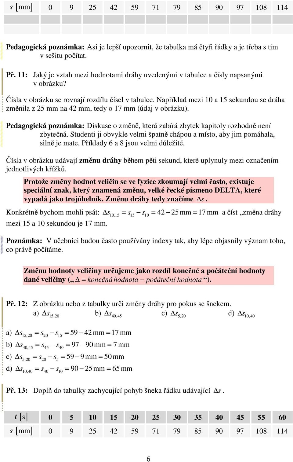 Například mezi 10 a 15 sekundou se dráha změnila z 25 mm na 42 mm, tedy o 17 mm (údaj v obrázku). Pedagogická poznámka: Diskuse o změně, která zabírá zbytek kapitoly rozhodně není zbytečná.