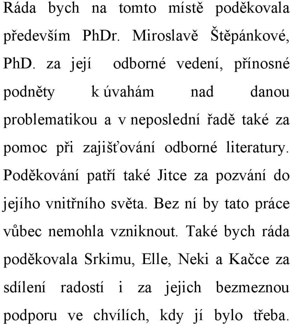 zajišťování odborné literatury. Poděkování patří také Jitce za pozvání do jejího vnitřního světa.