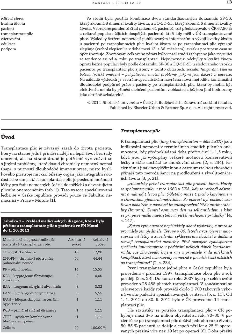 Vzorek respondentů čítal celkem 61 pacientů, což představovalo v ČR 67,80 % z celkové populace žijících dospělých pacientů, kteří kdy měli v ČR transplantované plíce.