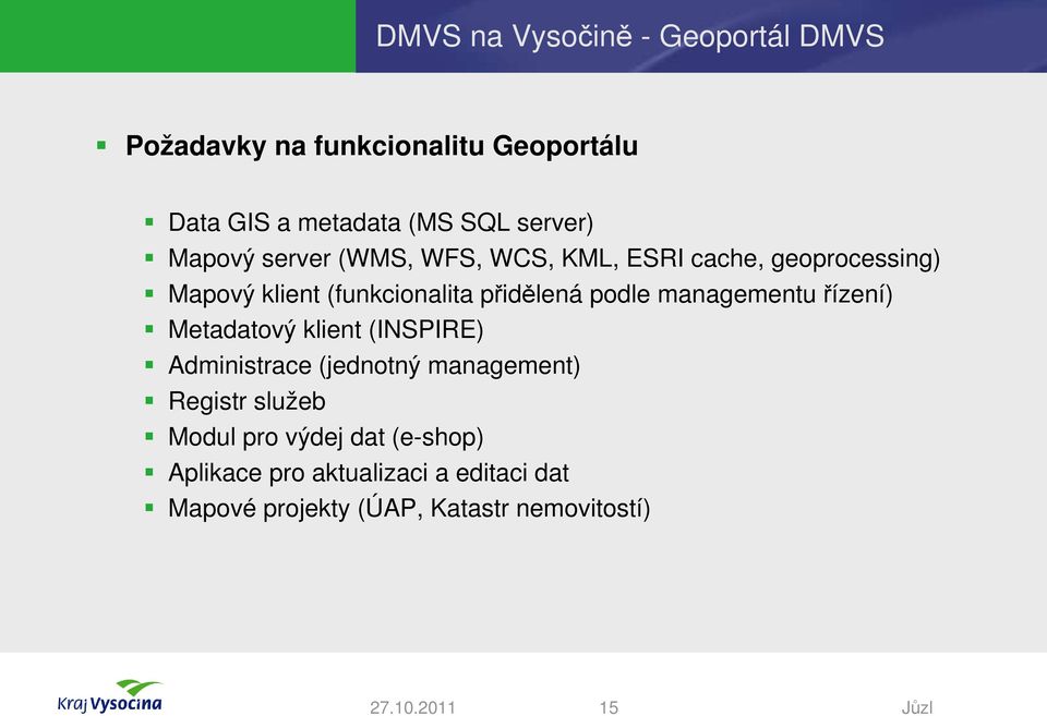 managementu řízení) Metadatový klient (INSPIRE) Administrace (jednotný management) Registr služeb Modul pro