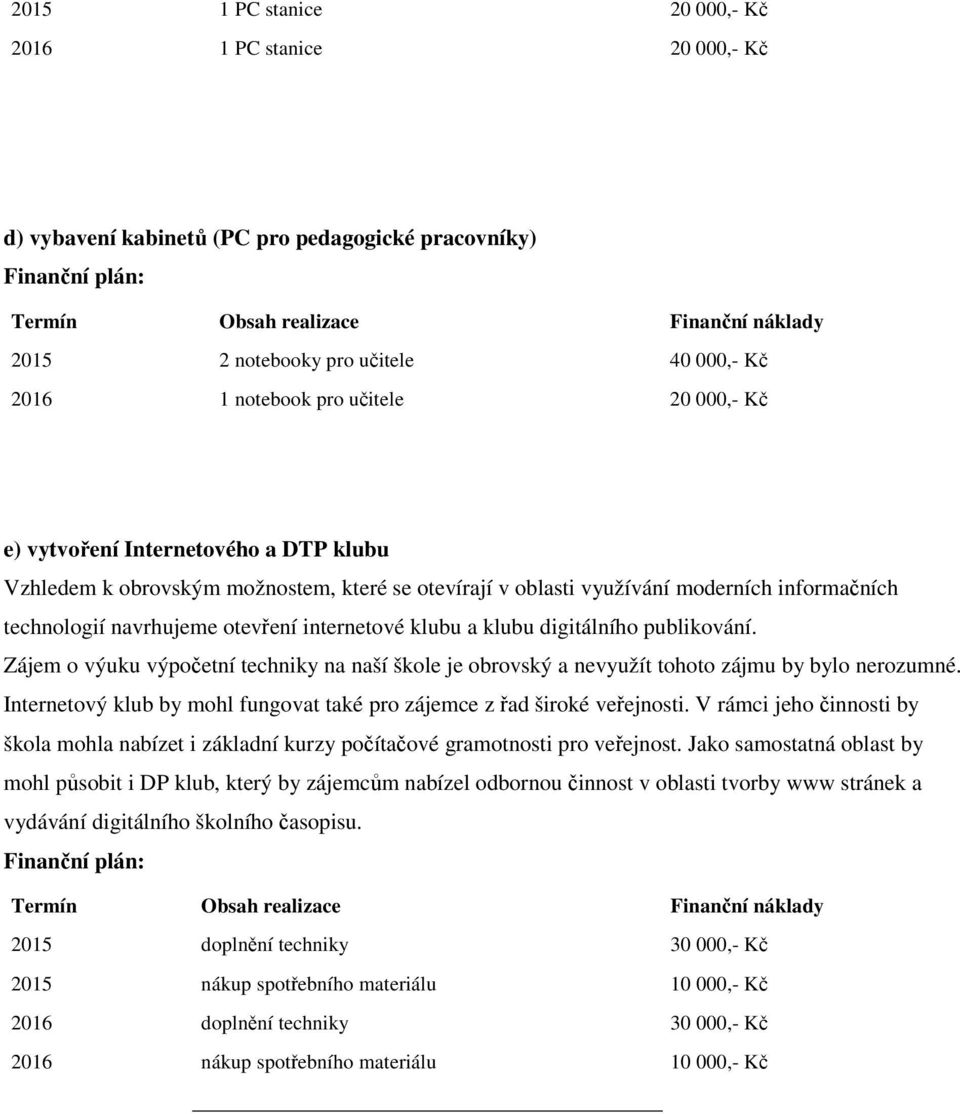 navrhujeme otevření internetové klubu a klubu digitálního publikování. Zájem o výuku výpočetní techniky na naší škole je obrovský a nevyužít tohoto zájmu by bylo nerozumné.