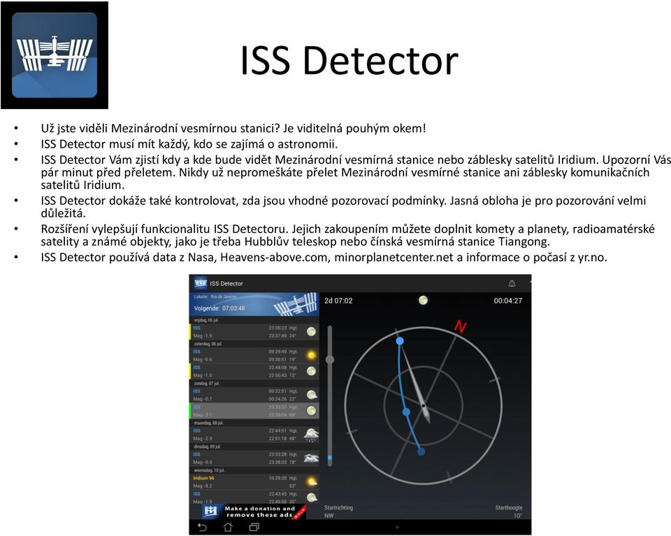 Nikdy už nepromeškáte přelet Mezinárodní vesmírné stanice ani záblesky komunikačních satelitů Iridium. ISS Detector dokáže také kontrolovat, zda jsou vhodné pozorovací podmínky.