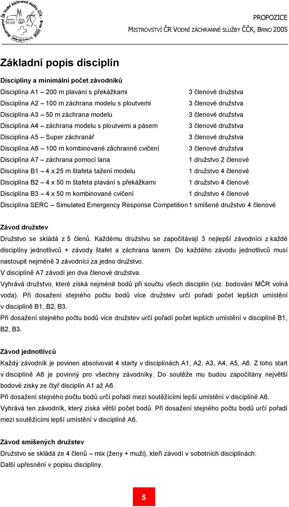 záchranné cvičení 3 členové družstva Disciplína A7 záchrana pomocí lana 1 družstvo 2 členové Disciplína B1 4 x 25 m štafeta tažení modelu 1 družstvo 4 členové Disciplína B2 4 x 50 m štafeta plavání s