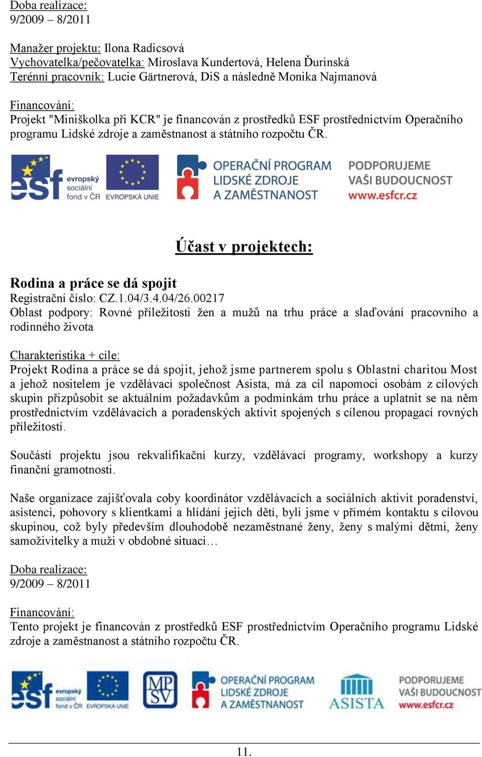 Účast v projektech: Rodina a práce se dá spojit Registrační číslo: CZ.1.04/3.4.04/26.