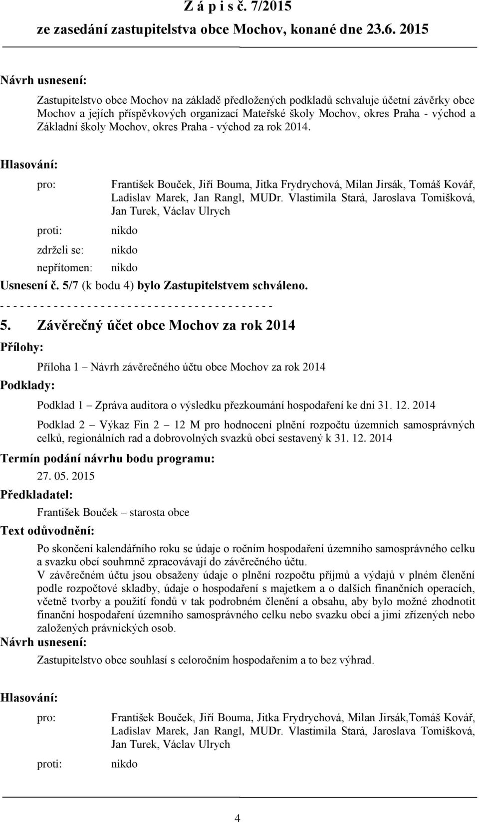 Základní školy Mochov, okres Praha - východ za rok 2014. Hlasování: pro: proti: František Bouček, Jiří Bouma, Jitka Frydrychová, Milan Jirsák, Tomáš Kovář, Ladislav Marek, Jan Rangl, MUDr.