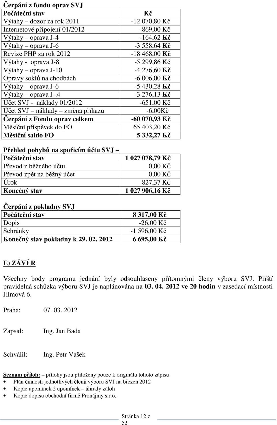 4 Účet SVJ - náklady 01/2012 Účet SVJ náklady změna příkazu Čerpání z Fondu oprav celkem Měsíční příspěvek do FO Měsíční saldo FO Přehled pohybů na spořicím účtu SVJ Převod z běžného účtu Převod zpět