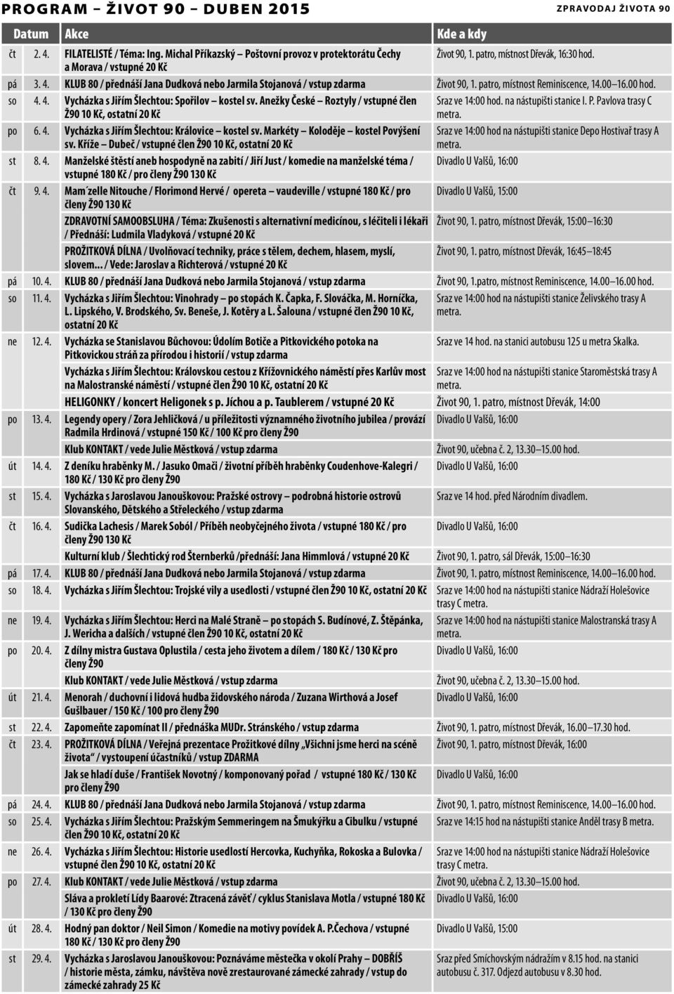 Anežky České Roztyly / vstupné člen Ž90 10 Kč, ostatní 20 Kč Sraz ve 14:00 hod. na nástupišti stanice I. P. Pavlova trasy C po 6. 4. Vycházka s Jiřím Šlechtou: Královice kostel sv.