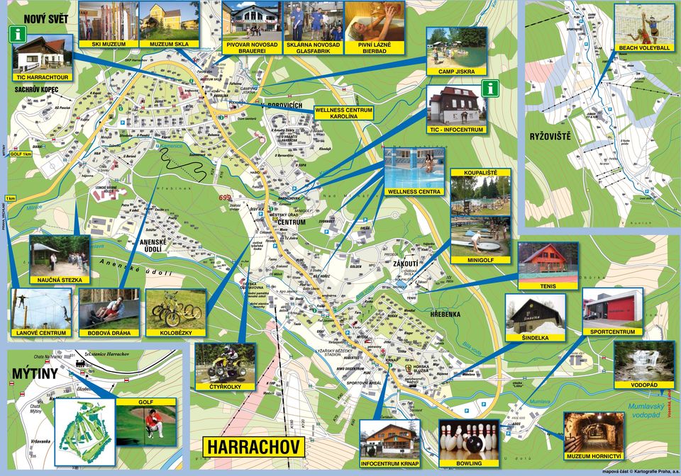 CENTRA PRAHA, VRCHLABÍ 1 km MINIGOLF NAUČNÁ STEZKA LANOVÉ CENTRUM TENIS KOLOBĚZKY BOBOVÁ DRÁHA ŠINDELKA