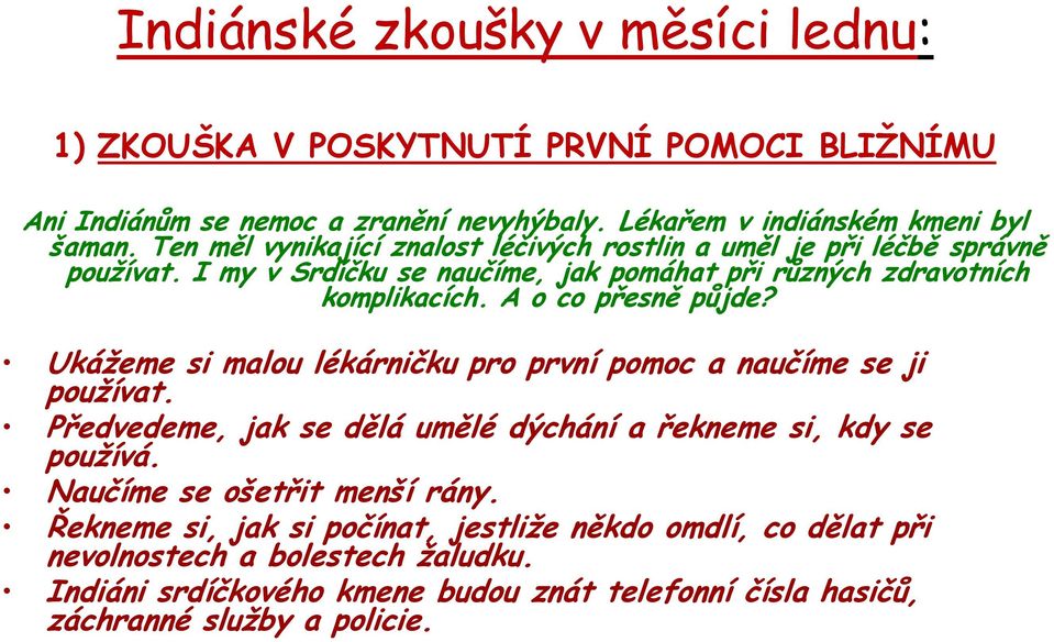 A o co přesně půjde? Ukážeme si malou lékárničku pro první pomoc a naučíme se ji používat. Předvedeme, jak se dělá umělé dýchání a řekneme si, kdy se používá.