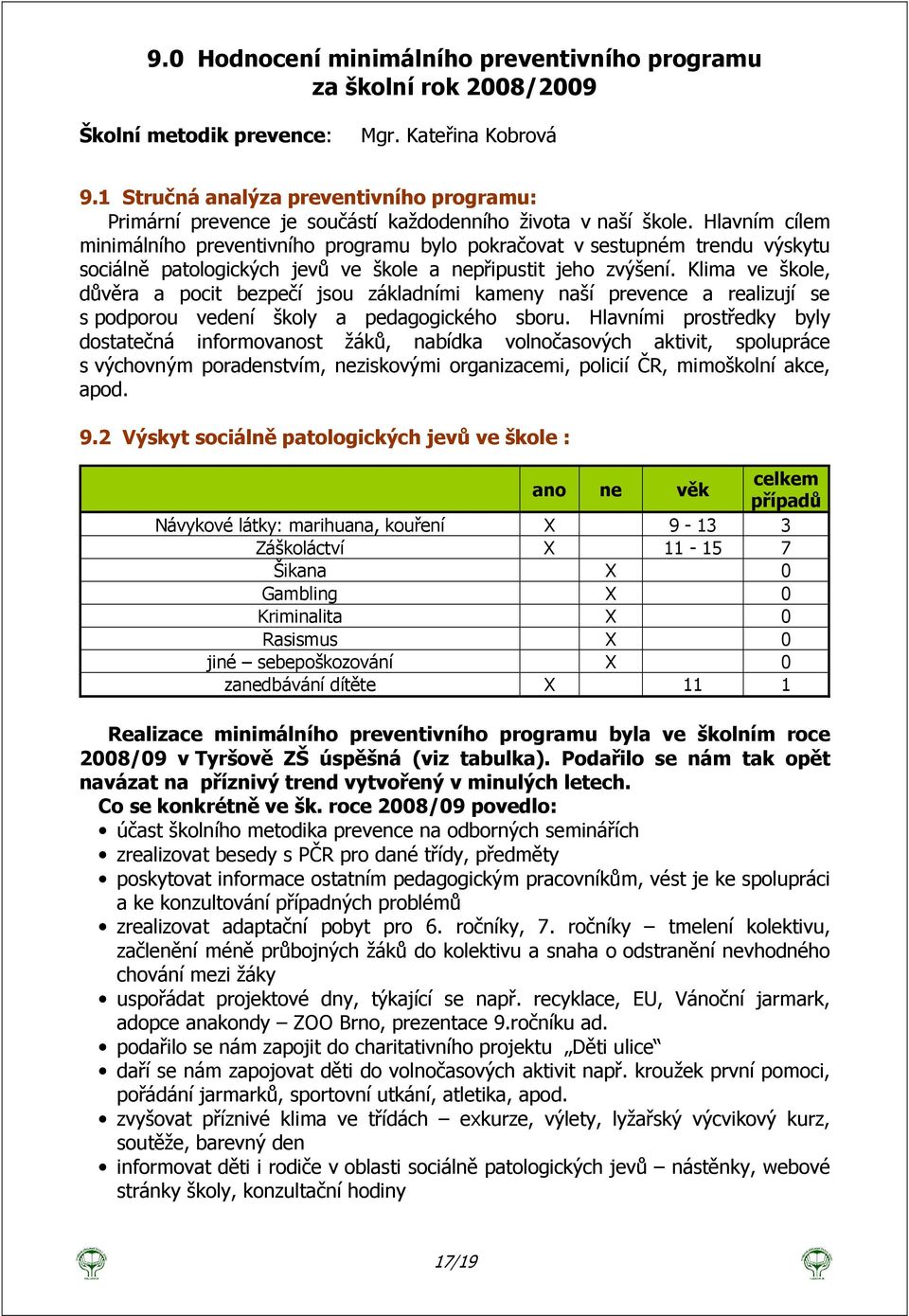 Hlavním cílem minimálního preventivního programu bylo pokračovat v sestupném trendu výskytu sociálně patologických jevů ve škole a nepřipustit jeho zvýšení.