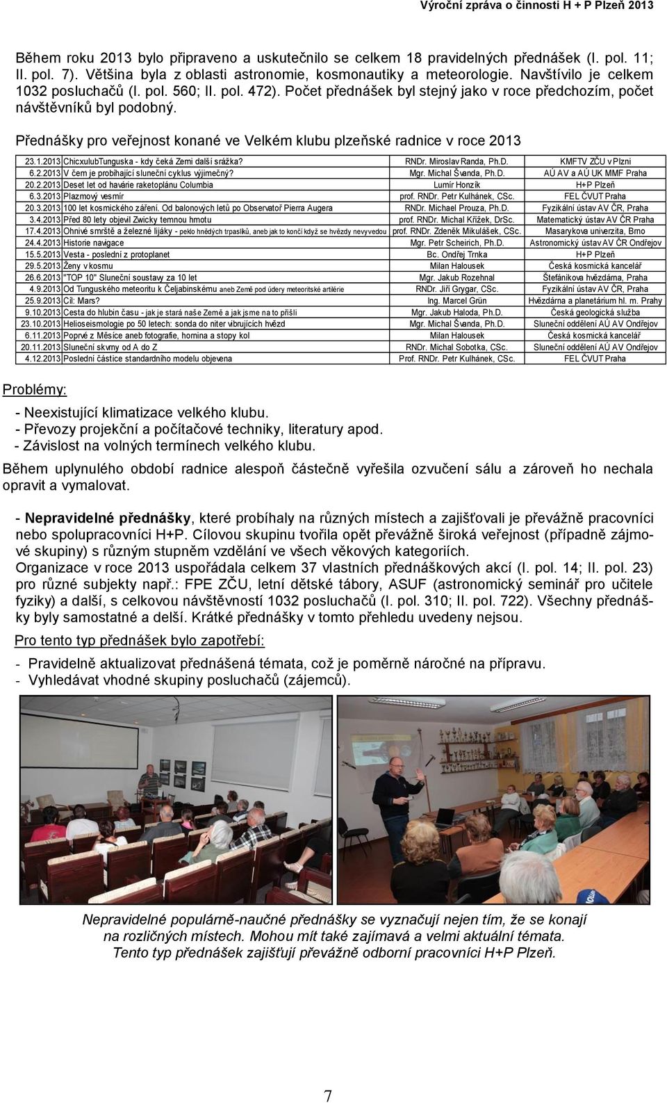 Přednášky pro veřejnost konané ve Velkém klubu plzeňské radnice v roce 2013 23.1.2013 ChicxulubTunguska - kdy čeká Zemi další srážka? 6.2.2013 V čem je probíhající sluneční cyklus výjimečný? 20.2.2013 Deset let od havárie raketoplánu Columbia 6.