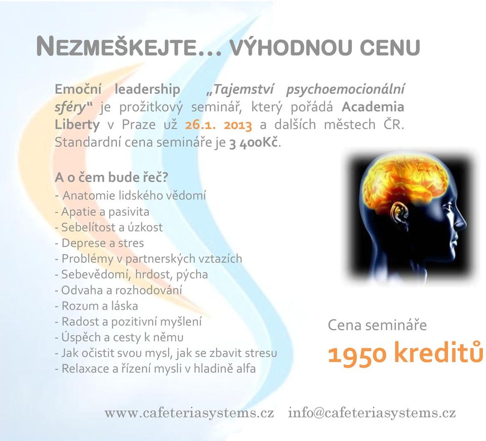 - Anatomie lidského vědomí - Apatie a pasivita - Sebelítost a úzkost - Deprese a stres - Problémy v partnerských vztazích - Sebevědomí, hrdost,