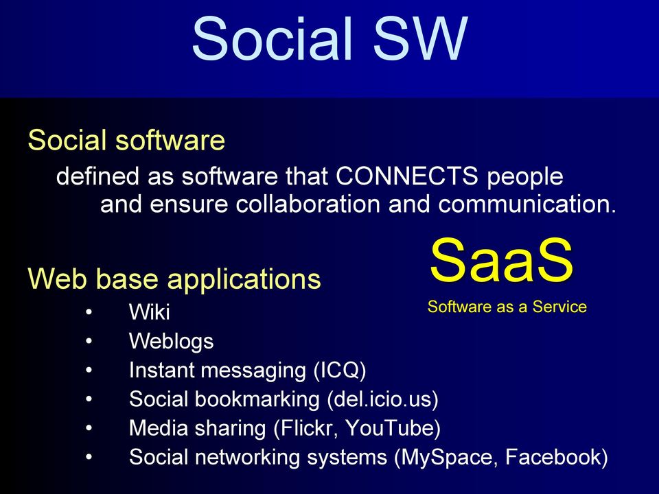 Web base applications Wiki Weblogs Instant messaging (ICQ) Social